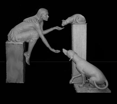 A sculptural fountain for the Louisiana State University. A woman reaches out to give care to animals. Water will spill from her left hand to her right. This clay sculpture will be made into bronze for LSU